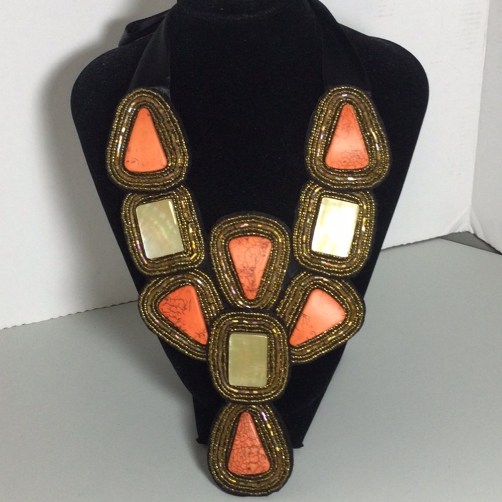 Statement Orange and Cream Beaded Bib Necklace